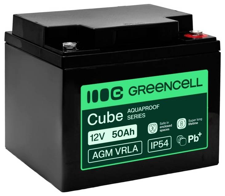 Schwarze GREENCELL Cube 12V 50Ah AGM VRLA-Batterie, IP54-bewertet, mit roten und silbernen Anschlüssen.