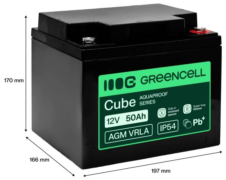 Green Cell 'Cube' 12V 50Ah AGM VRLA Batterie, mit Kennzeichnung IP54 und Pb+, dargestellt mit Abmessungen von 197 mm x 166 mm x 170 mm.