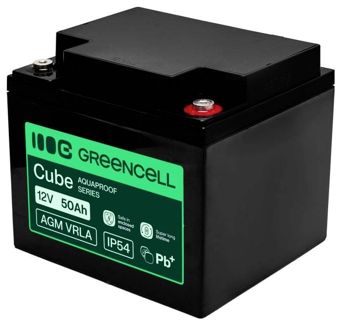 Black Greencell Cube 12V 50Ah AGM VRLA wiederaufladbarer Akku mit Oberflächenanschlüssen und grünem Etikett.