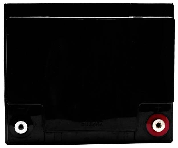Rechteckige schwarze Batterie mit zwei Anschlusspostenm, einem silbernen auf der linken Seite und einem roten auf der rechten Seite.