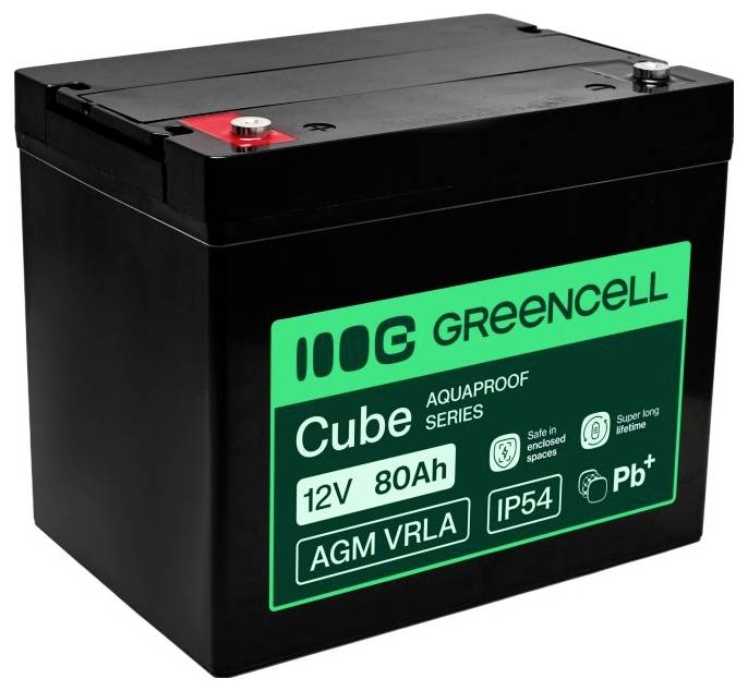 Schwarzer Greencell Cube Series 12V 80Ah AGM VRLA Akku mit grünem Produktetikett und oben angebrachten Anschlussbolzen.