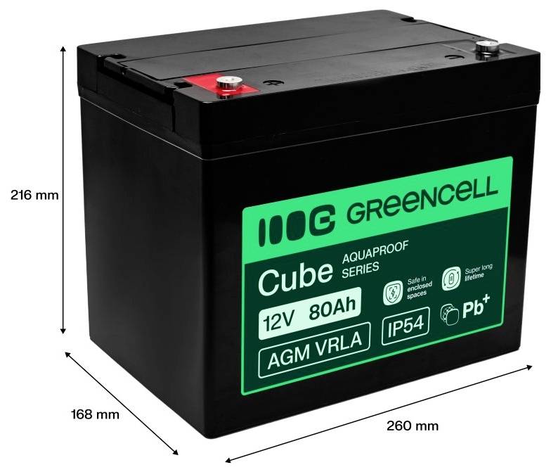 Produktbild einer schwarzen GreenCell Cube 12V 80Ah AGM VRLA Batterie, gekennzeichnet mit IP54 und Pb+, mit den Abmessungen 260 x 168 x 216 mm.