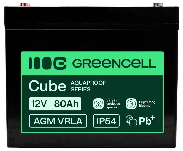 Black Greencell Cube 12V 80Ah AGM VRLA Batterie mit IP54-Schutz, gekennzeichnet für sichere geschlossene Verwendung und lange Lebensdauer.