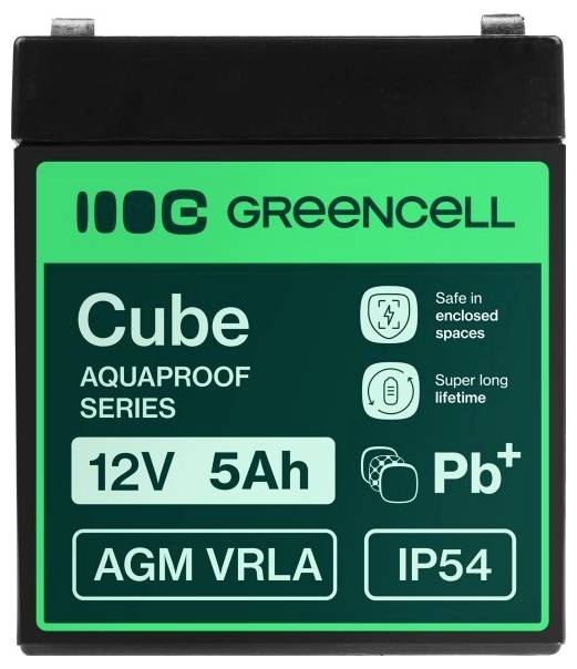 Greencell Cube 12V 5Ah AGM VRLA Batterie mit Pb+ und IP54-Schutzart, gekennzeichnet als Aquaproof Series für geschlossene Räume und lange Lebensdauer.