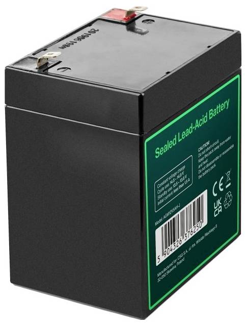 Schwarze versiegelte Bleisäure-Batterie mit Anschlussbolzen und einer grün gekennzeichneten Seite, auf der Produktdetails und ein Barcode angezeigt werden.