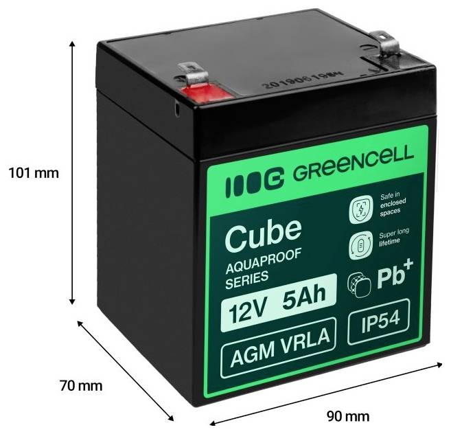 Produktbild einer schwarzen Green Cell Cube AGM VRLA-Batterie mit der Bezeichnung 12V 5Ah, gezeigt mit den Abmessungen 101 mm hoch, 70 mm tief und 90 mm breit.