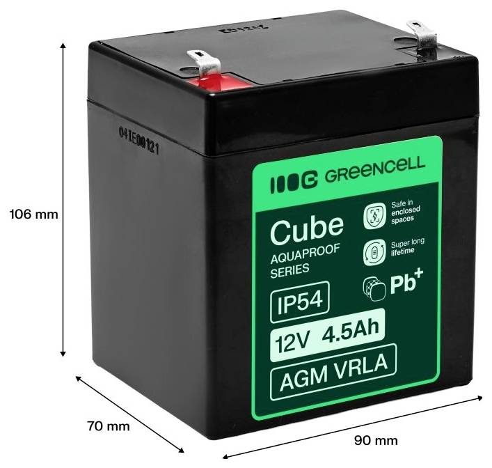 Schwarze Greencell Cube AGM VRLA Batterie mit der Bezeichnung 12V 4,5Ah, gezeigt mit den Abmessungen 106 mm Höhe, 90 mm Breite und 70 mm Tiefe.