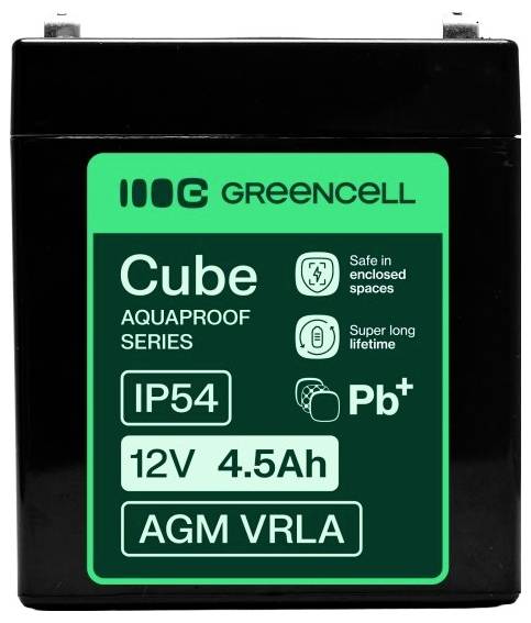 GreenCell Cube Aquaproof 12V 4,5Ah AGM VRLA Batterie mit IP54-Schutzart, gekennzeichnet als sicher in geschlossenen Räumen und mit extrem langer Lebensdauer.