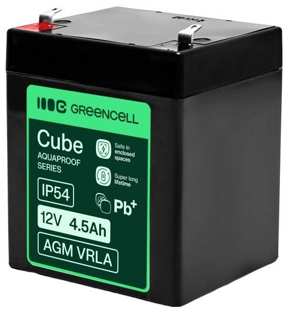 Schwarze Greencell Cube AGM VRLA-Batterie mit grünem Etikett, gekennzeichnet mit IP54, 12V 4,5Ah und „Sicher in geschlossenen Räumen