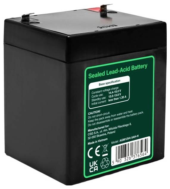 Versiegelte Blei-Säure-Batterie in Schwarz mit grünem Etikett und Barcode, dargestellt in einem produktstilisierten Bild auf weißem Hintergrund.