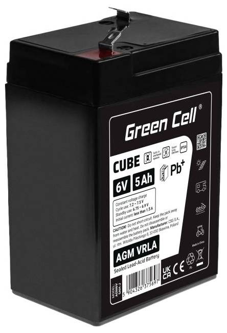Schwarze grüne Zelle 6V 5Ah AGM VRLA versiegelte Bleisäurebatterie mit Oberflächenterminals und Produktetikett.