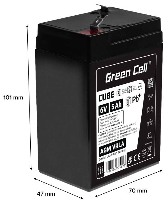Schwarzes rechteckiges Batteriepaket mit zwei Metallklemmen an den oberen Ecken und einem roten Eckenetikett, von hinten betrachtet