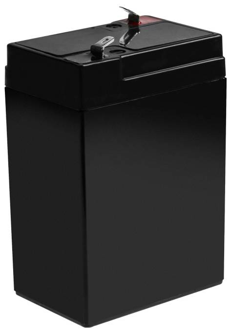Schwarze rechteckige wiederaufladbare Batterie mit Anschlüssen oben und Tragegriff, isoliert auf weißem Hintergrund.