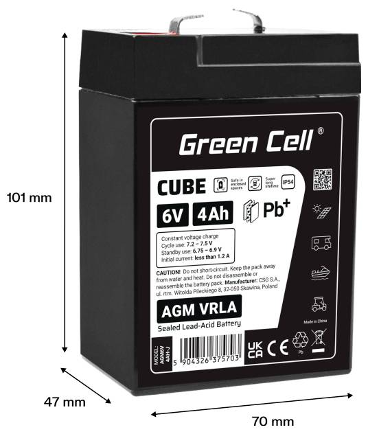 Black Green Cell CUBE 6V 4Ah AGM VRLA versiegelte Bleisäurebatterie mit Griff, 101 mm hoch, 70 mm breit, 47 mm tief gekennzeichnet.