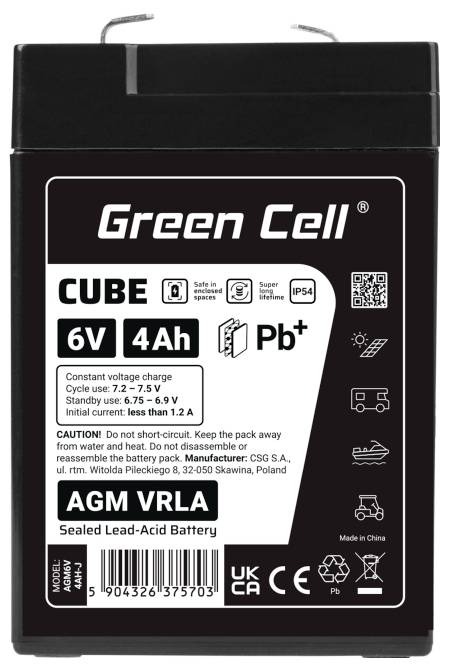 Schwarze Grüne Zelle CUBE 6V 4Ah AGM VRLA verschlossene Bleiakku mit Produktetikett und Warnsymbolen.