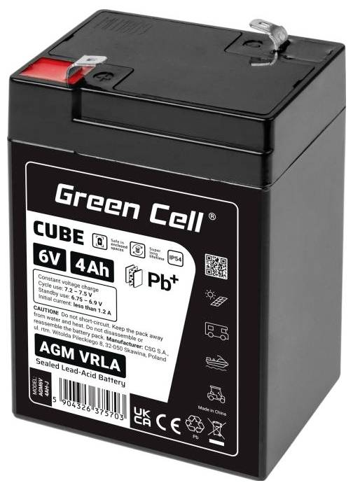 Green Cell Cube 6V 4Ah AGM VRLA versiegelter Blei-Säure-Akku mit Anschlüssen oben und vorderer Beschriftung mit 