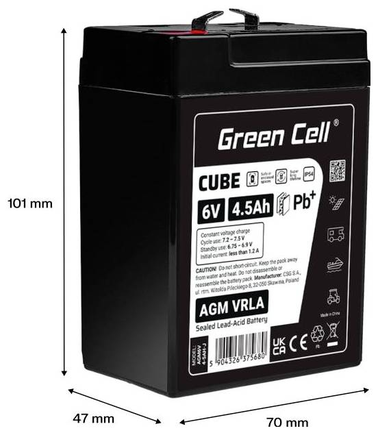 Produktbild einer schwarzen Green Cell CUBE 6V 4,5Ah AGM VRLA versiegelten Bleisäure-Batterie mit beschrifteten Abmessungen von 101 mm Höhe, 70 mm Breite und 47 mm Tiefe.