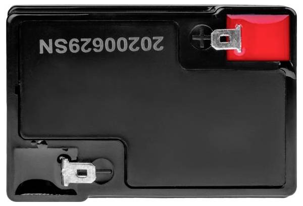 Schwarzes wiederaufladbares Batteriepaket mit rotem Pluspol und silbernem Minuspol, auf der Oberseite mit „20200629SN