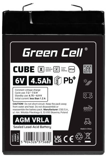 Green Cell Cube 6V 4,5Ah AGM VRLA versiegelte Blei-Säure-Batterie mit Etiketten, Barcode und Sicherheitssymbolen.