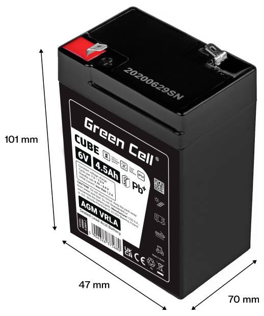Black Green Cell Cube 6V 4,5Ah AGM VRLA Batterie in 3D dargestellt mit beschrifteten Abmessungen von 101 mm, 47 mm und 70 mm.