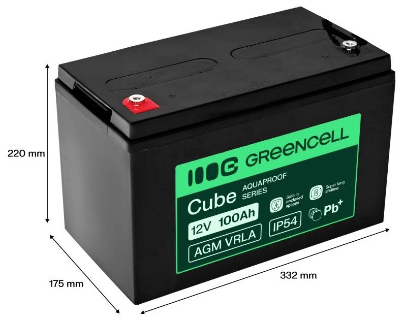 Schwarze Greencell Cube 12V 100Ah AGM VRLA-Batterie mit gekennzeichneten Abmessungen von 332 mm Breite, 175 mm Tiefe und 220 mm Höhe.