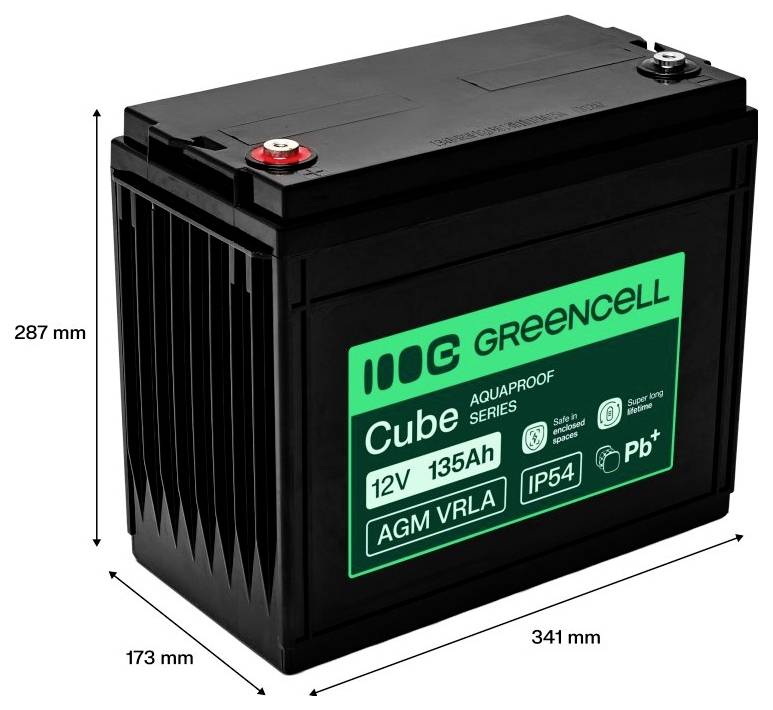 Schwarze grüne Zellenkubus-12-V-135-Ah-AGM-VRLA-Batterie, dargestellt in 3D mit beschrifteten Abmessungen von 341 mm Länge, 173 mm Breite und 287 mm Höhe.