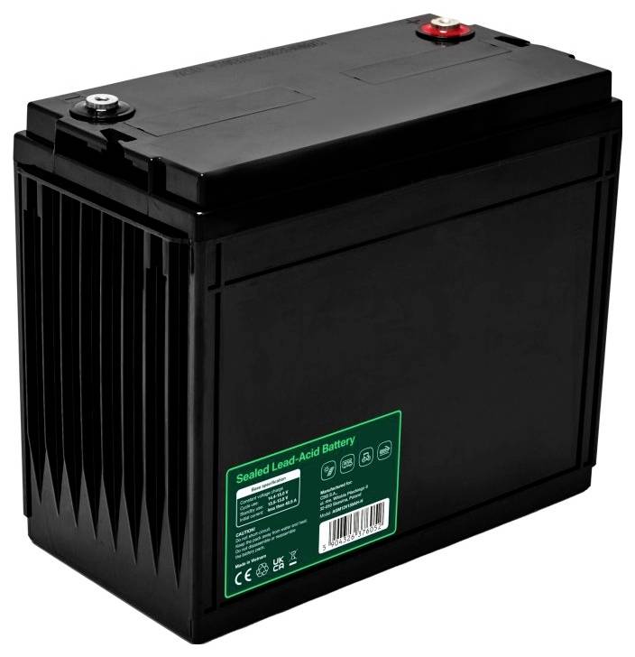 Schwarze versiegelte Blei-Säure-Batterie mit roten und schwarzen Anschlüssen und einem grünen Etikett auf der Vorderseite.
