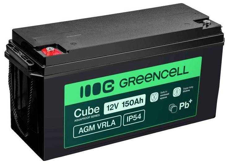 Schwarze Greencell Cube 12V 150Ah AGM-VRLA-Batterie mit grünem Etikett und rotem Anschluss, auf weißem Hintergrund dargestellt.