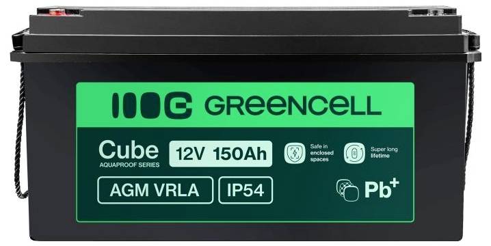 Schwarze Greencell Cube AGM VRLA-Batterie mit Aufschrift 