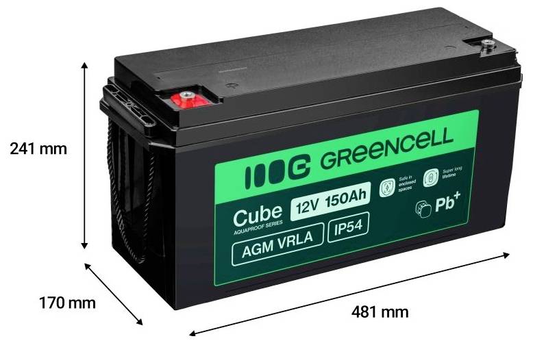 Schwarze Greencell Cube AGM VRLA 12V 150Ah Batterie mit den Abmessungen 481 mm Länge, 241 mm Höhe und 170 mm Tiefe.