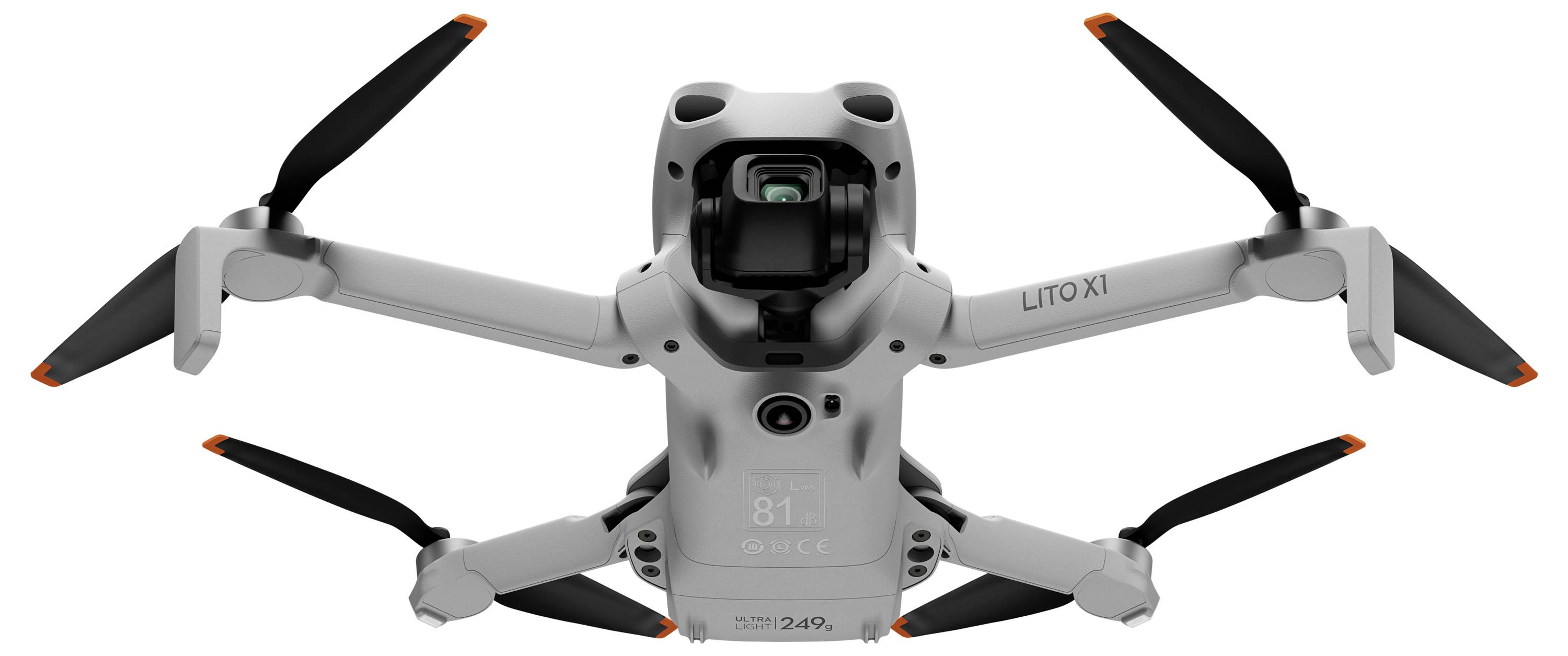 Frontansicht einer grauen DJI L1-Drohne mit vier Rotoren, Kameragimbal in der Mitte und 