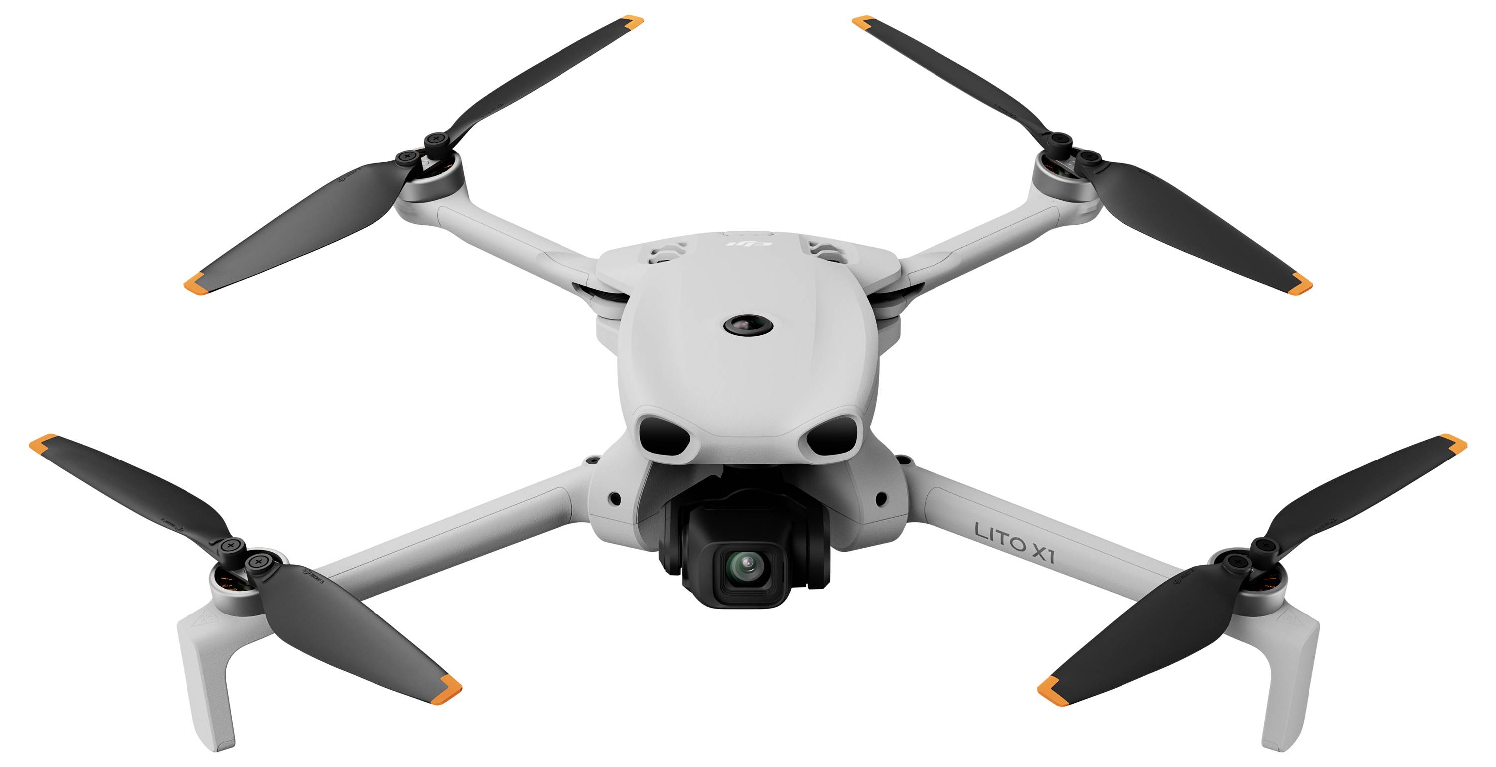 Frontansicht einer grauen Quadcopter-Drohne mit vier Propellern und einer unter der Nase angebrachten Kamera.