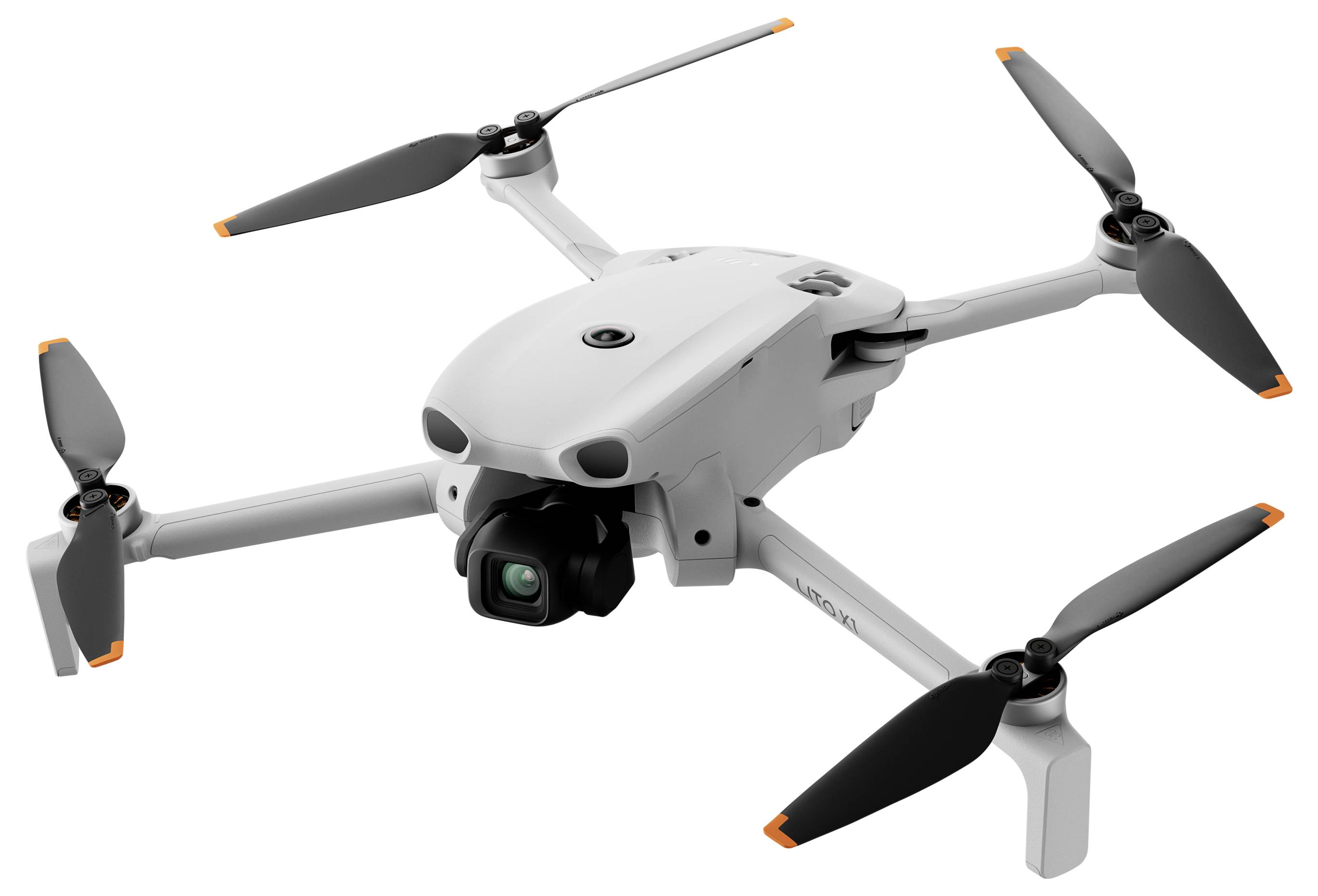 Weiße Quadcopter-Drohne mit vier Propellern und einer frontal angebrachten Kamera, isoliert vor einem einfachen Hintergrund dargestellt.