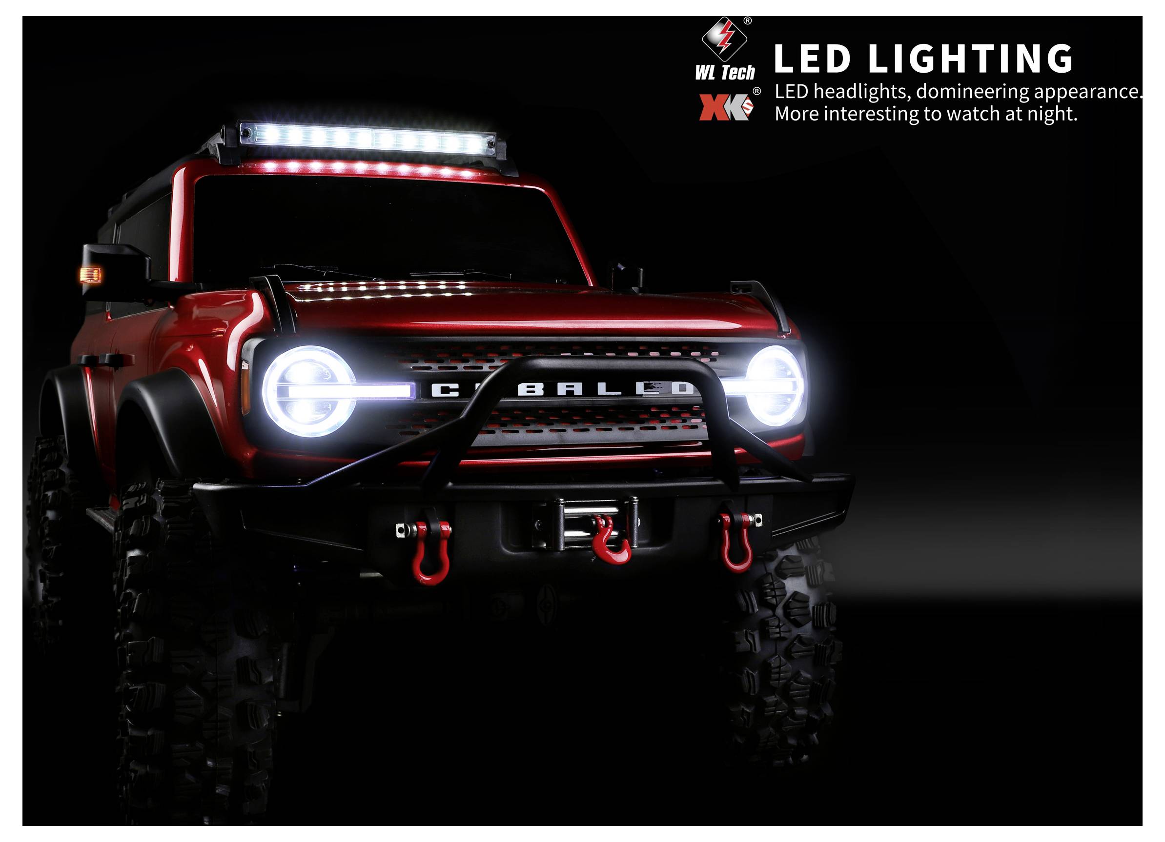 Roter Geländewagen mit hellen LED-Scheinwerfern und LED-Dachleiste, die „LED-BELEUCHTUNG