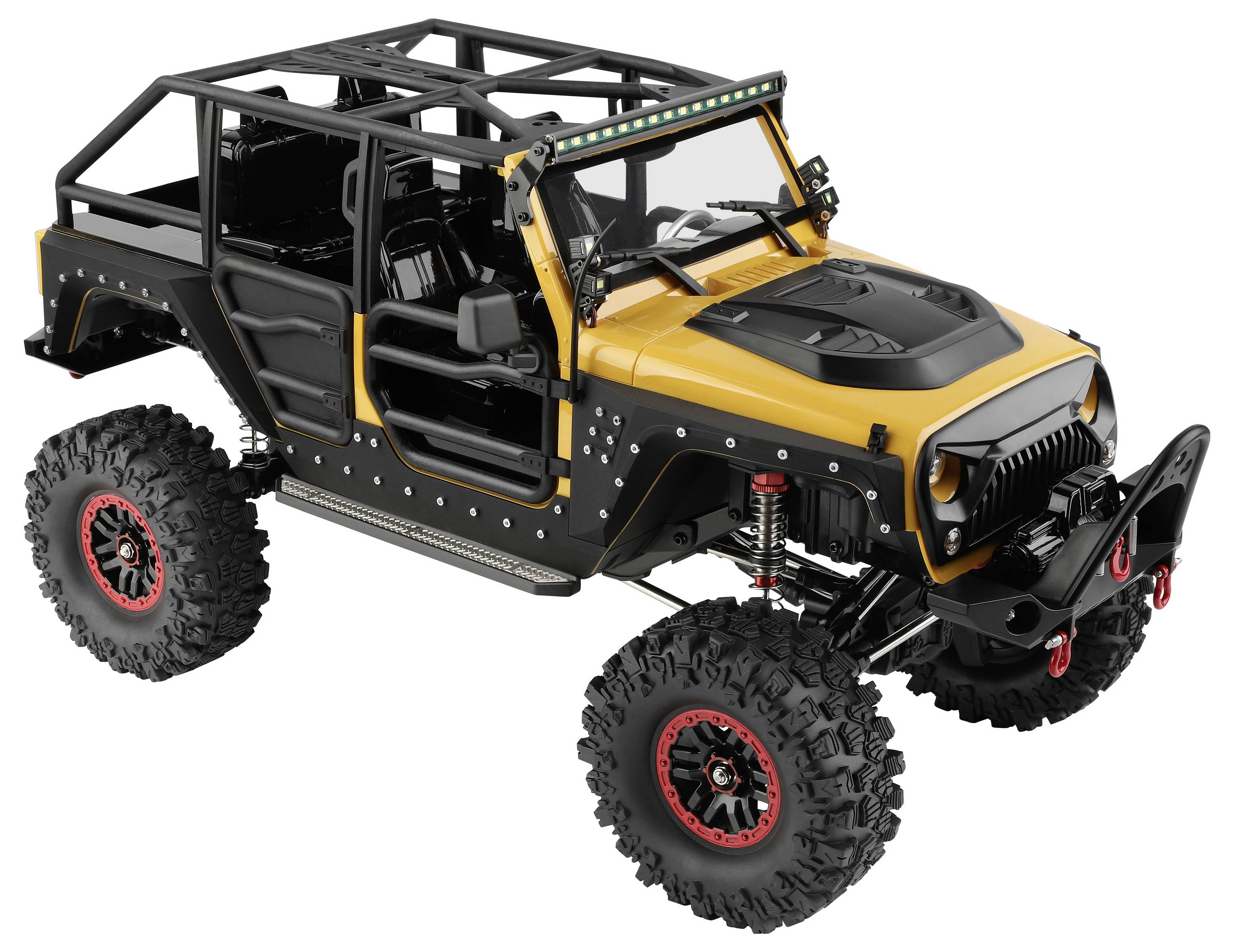 Gelbes und schwarzes geländegängiges 4x4 Jeep-ähnliches Fahrzeug mit großen Profilreifen, Überrollbügel und Winde-Stoßstange auf weißem Hintergrund.