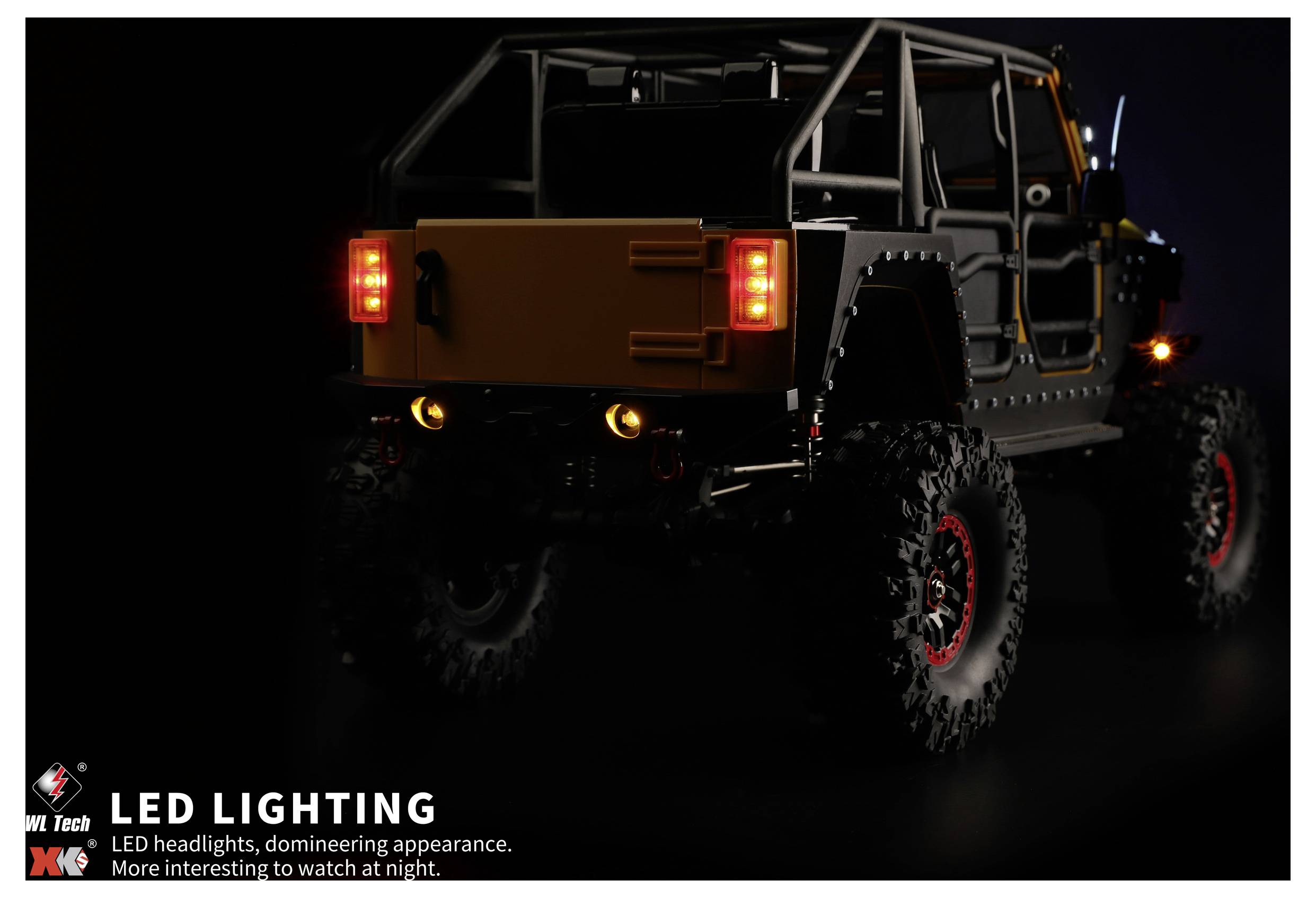 Rückansicht aus drei Vierteln eines geländetauglichen Jeep-ähnlichen Lastwagens mit leuchtenden Rückleuchten und Unterbodenbeleuchtung mit LEDs, gezeigt in einer dunklen Umgebung mit dem Text „LED LIGHTING