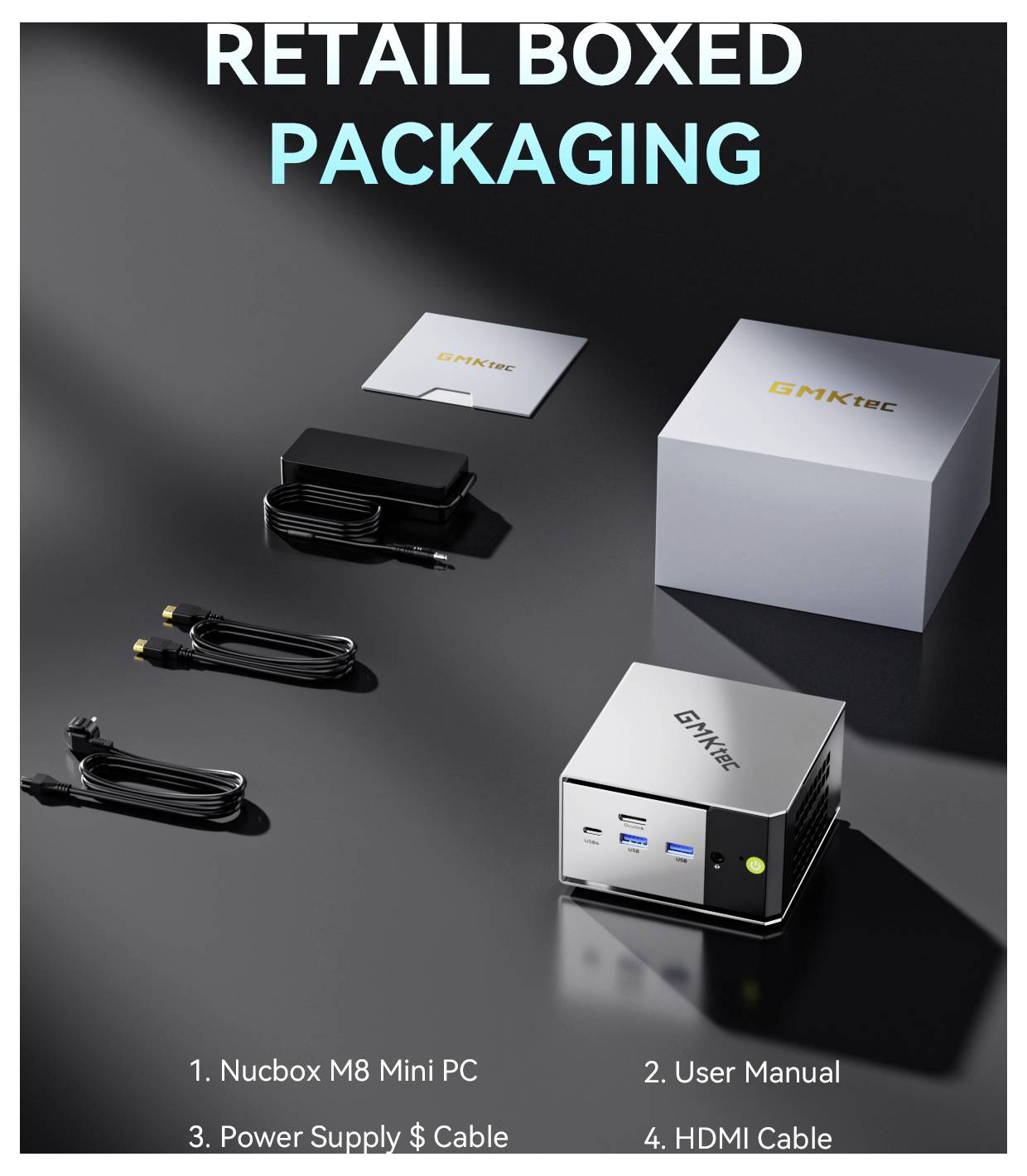 Verpackung im Einzelhandel für einen Nucbox M8 Mini-PC mit Präsentationslayout, das den Mini-PC, die Bedienungsanleitung, das Netzteil und das HDMI-Kabel zeigt.