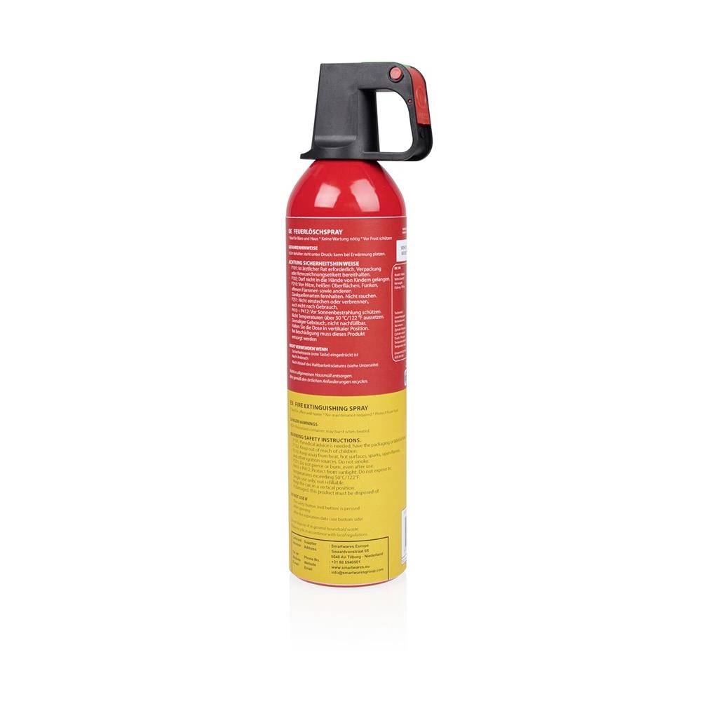 Red fire extinguisher spray can with black handle on a white background, product label visible.