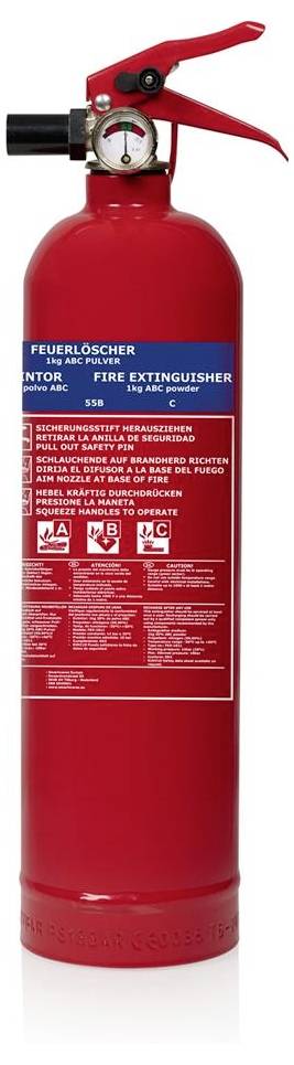Roter Feuerlöscher mit Druckmessgerät und rotem Griff, auf der Vorderseite mit den Aufschriften 