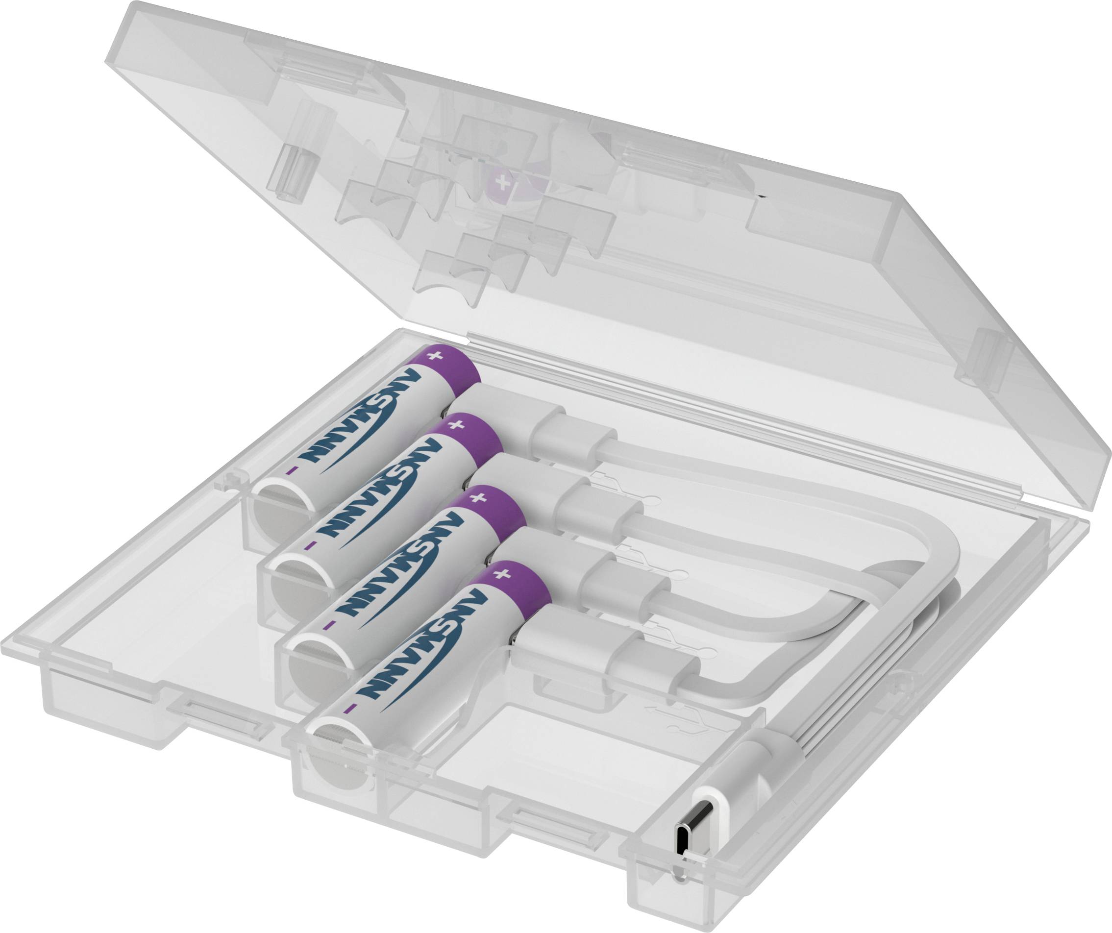 Transparente Kunststoffbatteriebox mit vier AA-Batterien und einem USB-Ladekabel, mit offener Decke.