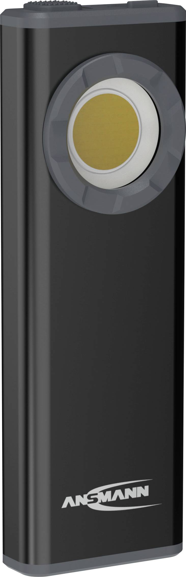 Schwarzes ANSMANN tragbares Batteriepak mit kreisförmigem gelbem Anzeigefeld/Knopf auf der Vorderseite.