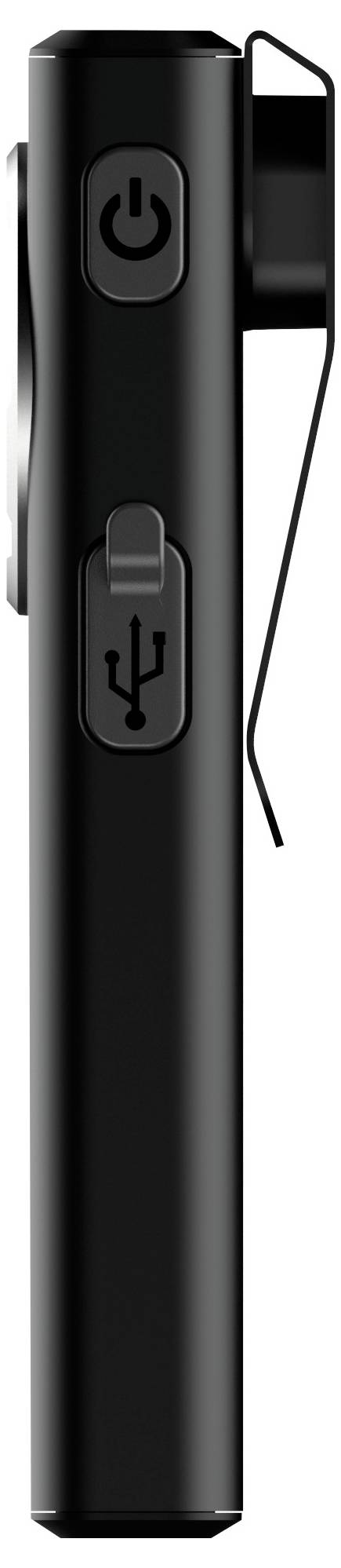 Schwarzes tragbares Gerät mit einer Einschalttaste oben und einer USB-Anschlussabdeckung darunter, in Seitenansicht mit angebrachtem Kabel dargestellt.