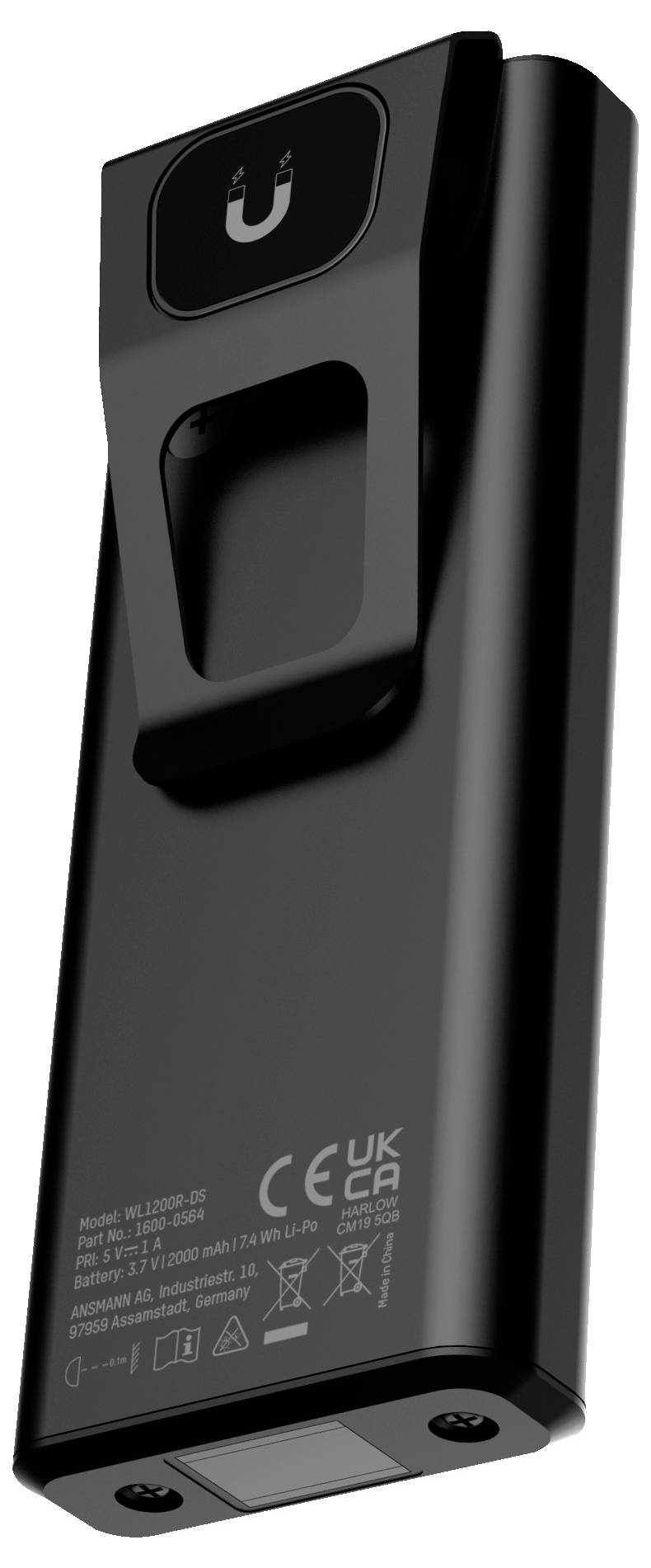 Schwarzes rechteckiges wiederaufladbares Batteriepack mit Stromsymbol oben und behördlichen Kennzeichnungen auf der Vorderseite.