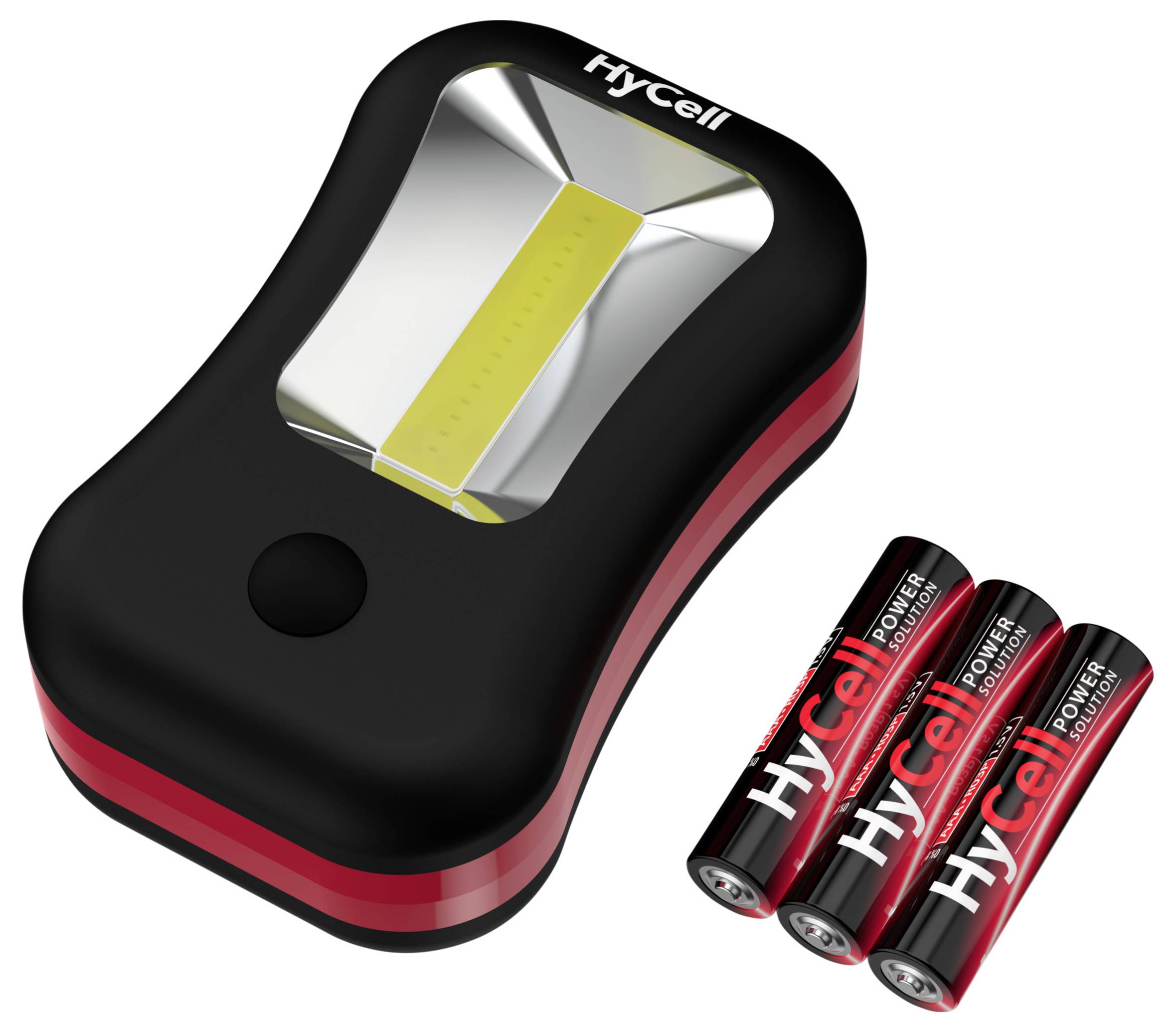 HyCell-Batterieladegerät mit drei wiederaufladbaren Batterien daneben auf weißem Hintergrund.