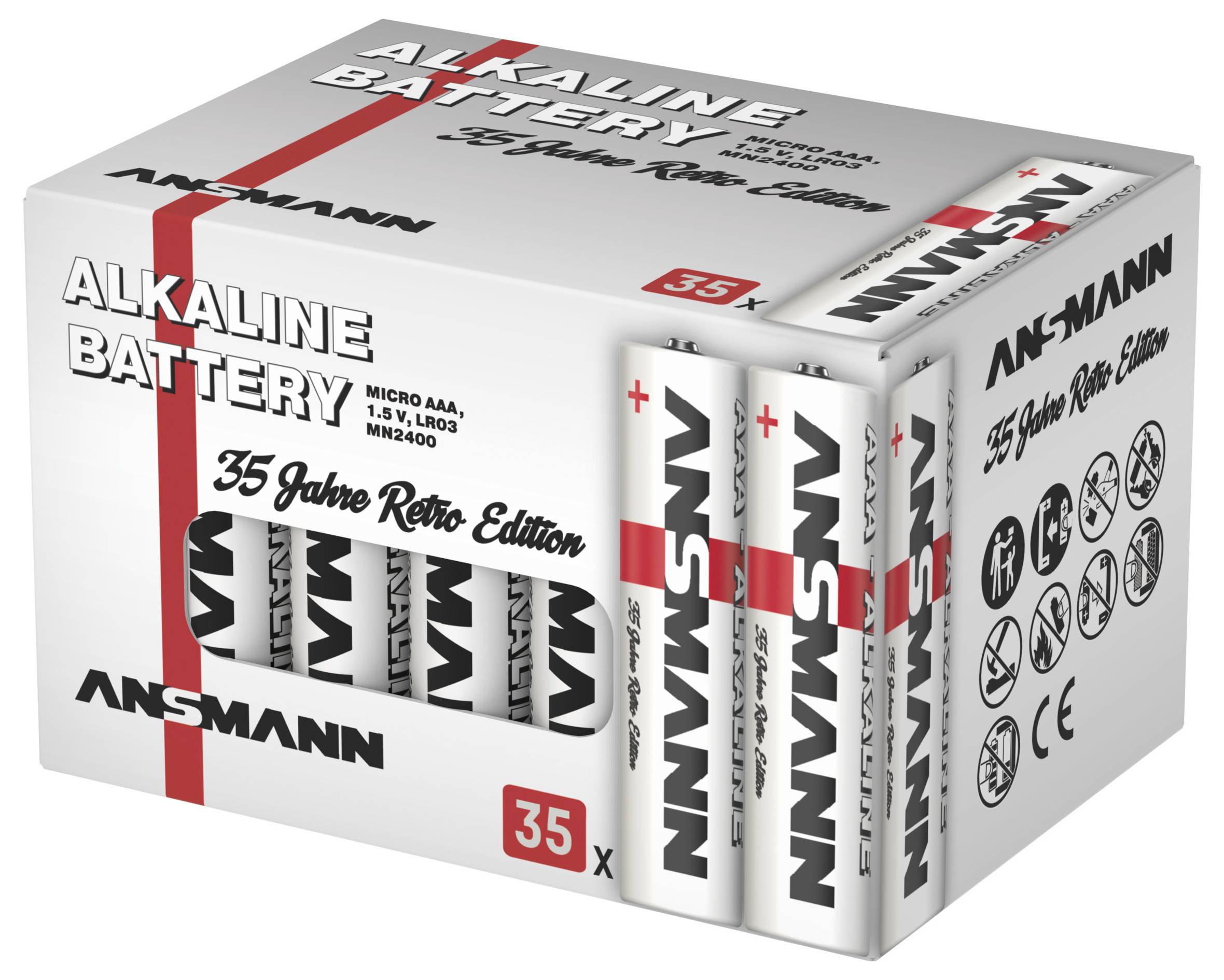 Karton mit ANSMANN Alkaline-Batterien, 35er-Pack „35 Jahre Retro Edition