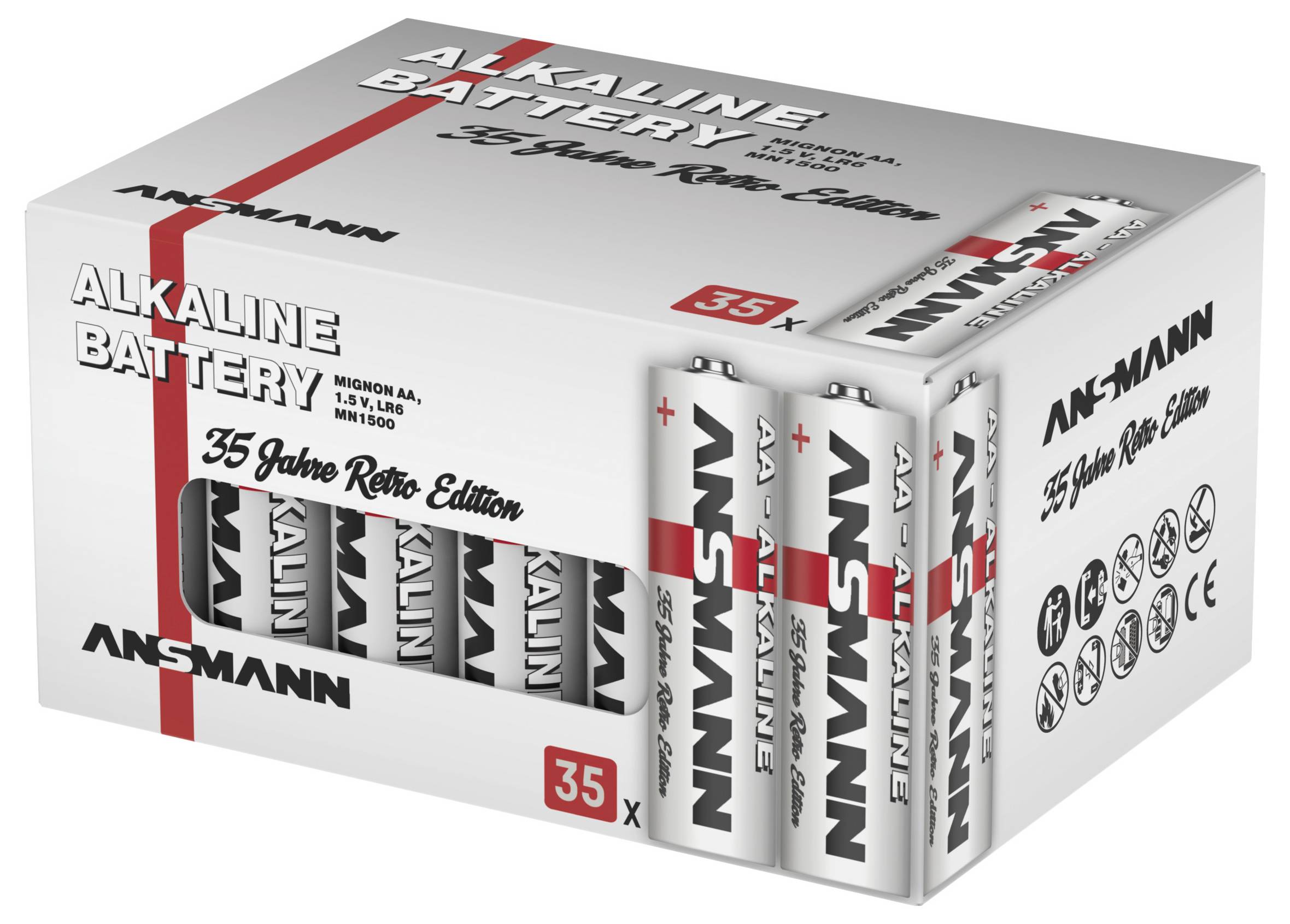 Schachttel ANSMANN Alkaline-Batterien, 35er-Pack „Jahre Retro Edition