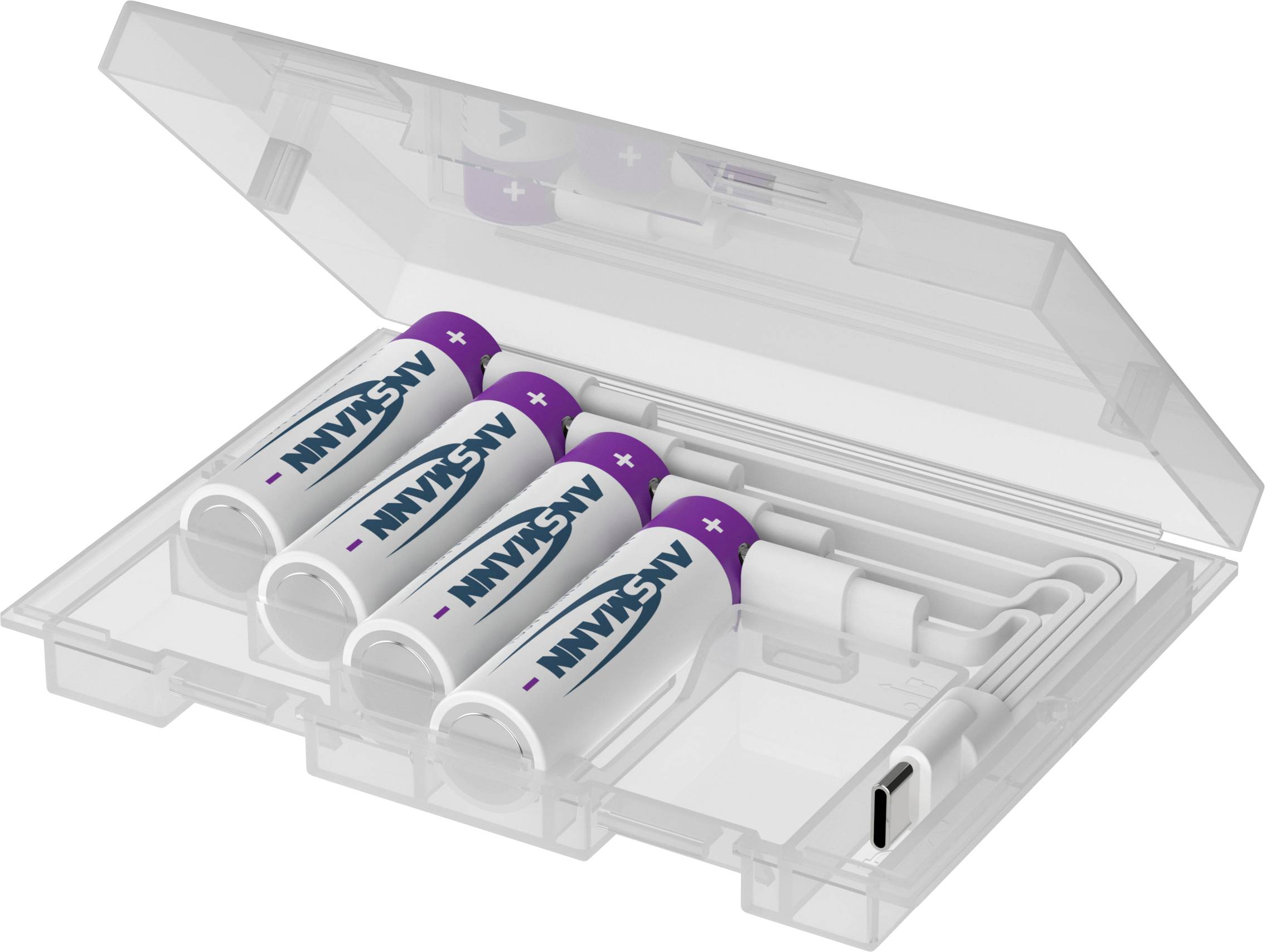 Transparentes Kunststoff-Ladeetui mit vier violett-weißen Ansmann-Akkus und einem USB-Ladekabel