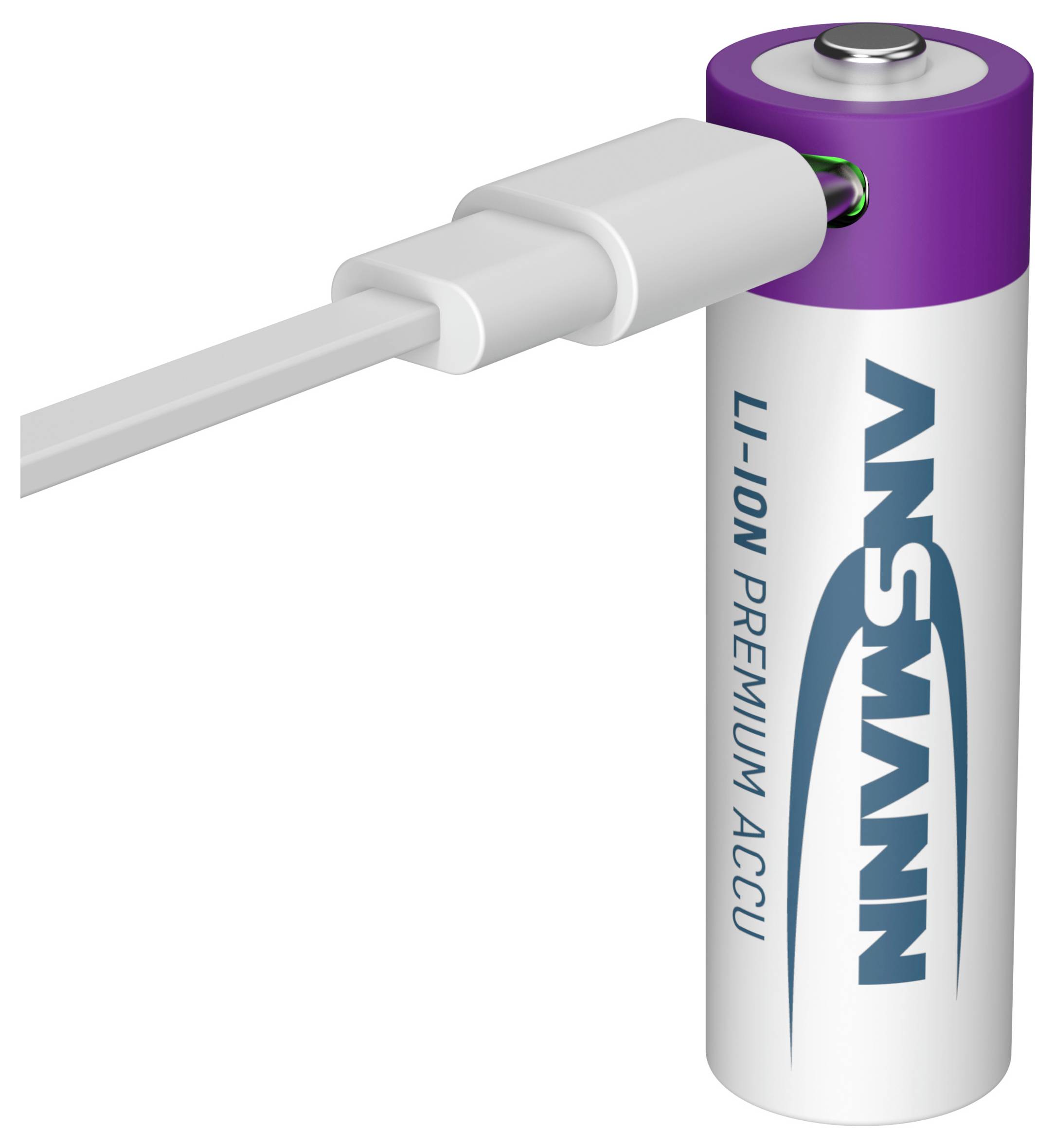 USB-Ladekabel angeschlossen an eine weiß-violette AA-Batterie mit der Bezeichnung 
