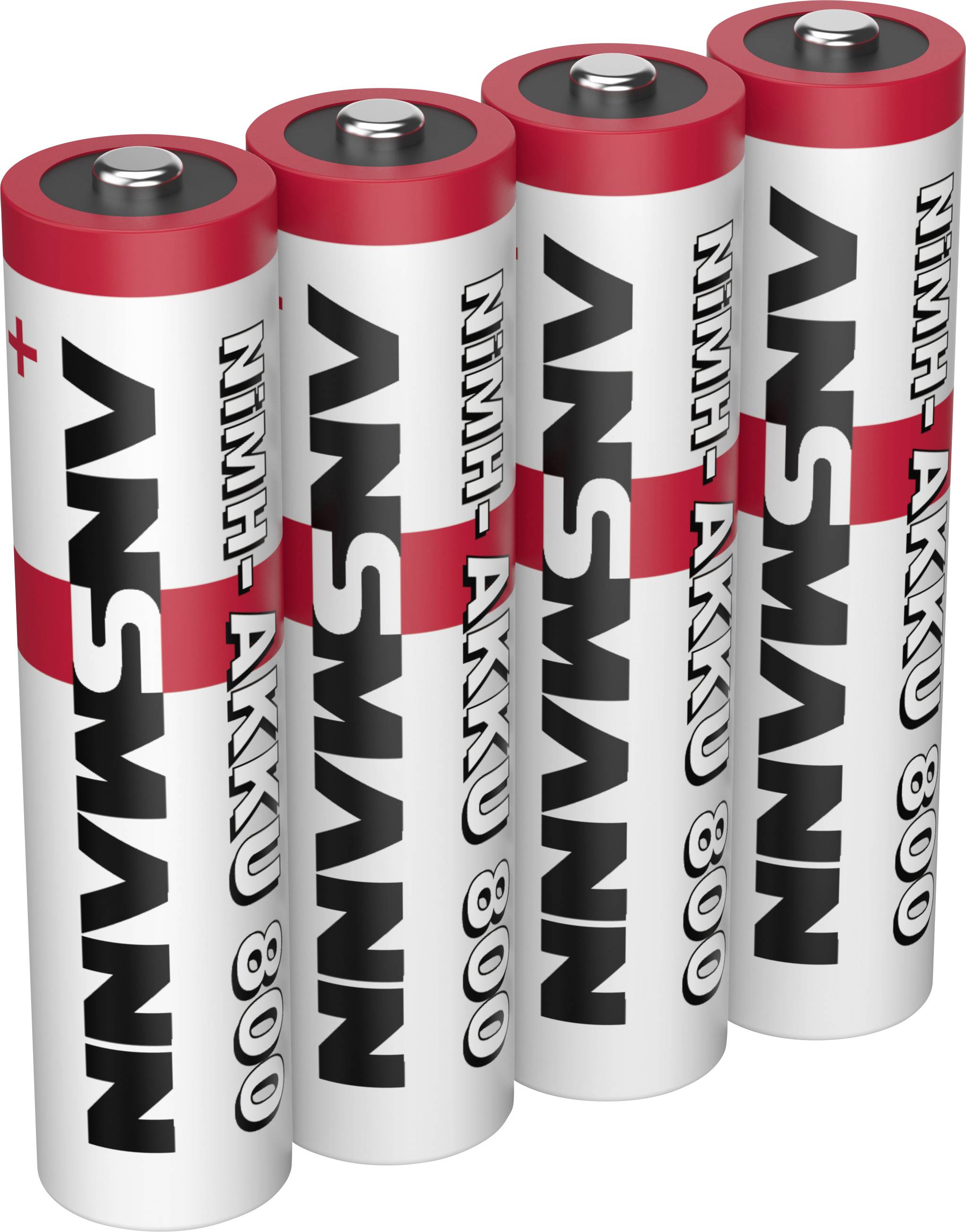 Vier SANYO NIMH AKKU 800 wiederaufladbare Batterien aufrecht in einer Reihe aufgestellt.