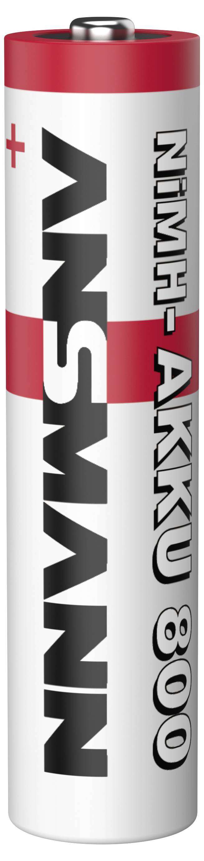 Eine silber-und-rote AA-Batterie mit der Bezeichnung NIMH AKKU 800, aufrecht dargestellt mit einem Plussymbol und großem schwarzem Markentext.